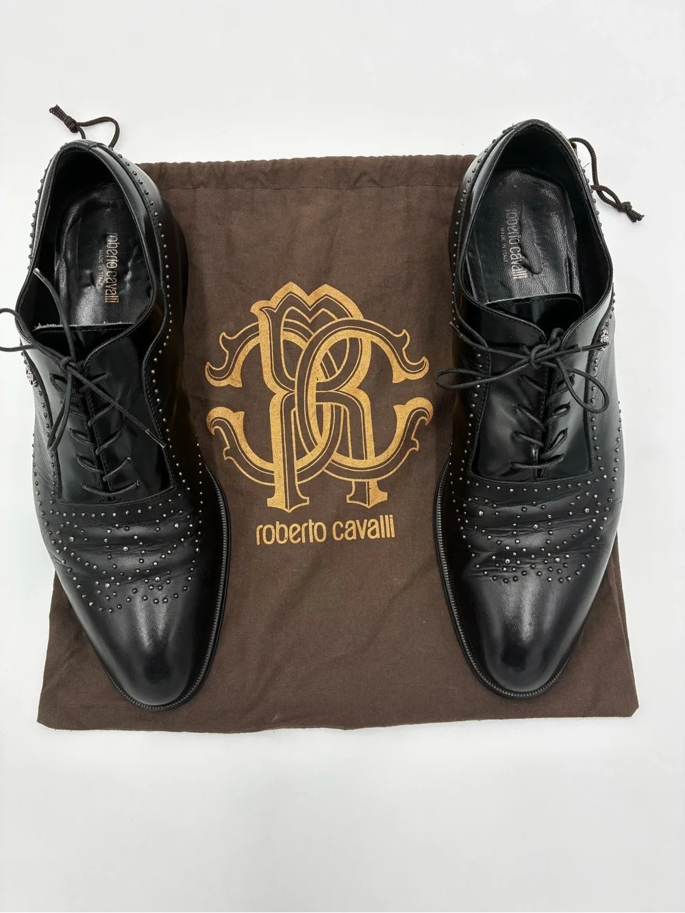 Roberto Cavalli Men's Studded Leather Wingtip Oxfords Black - Size 43.5 / 10.5